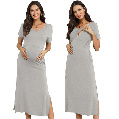 Rochie de maternitate modal cu decolteu în V cu mâneci scurte Rochie de maternitate de alăptare de culoare uni Haine de maternitate