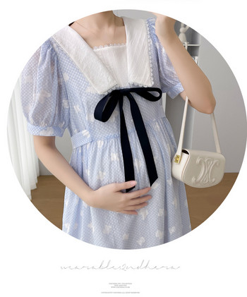 Рокля на цветя за бременни с квадратна яка и буф ръкави с голям размер и висока талия, сладка шифонена рокля за бременни жени на едро