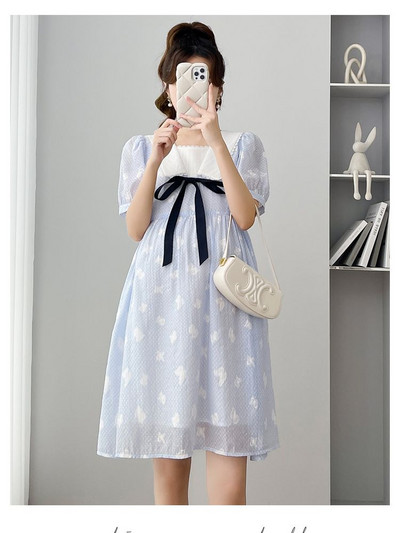 Liela izmēra pufīgas piedurknes kvadrātveida apkakles puķu kleita grūtniecēm ar augstu vidukli, salda grūtniece, šifona kleita vairumtirdzniecība