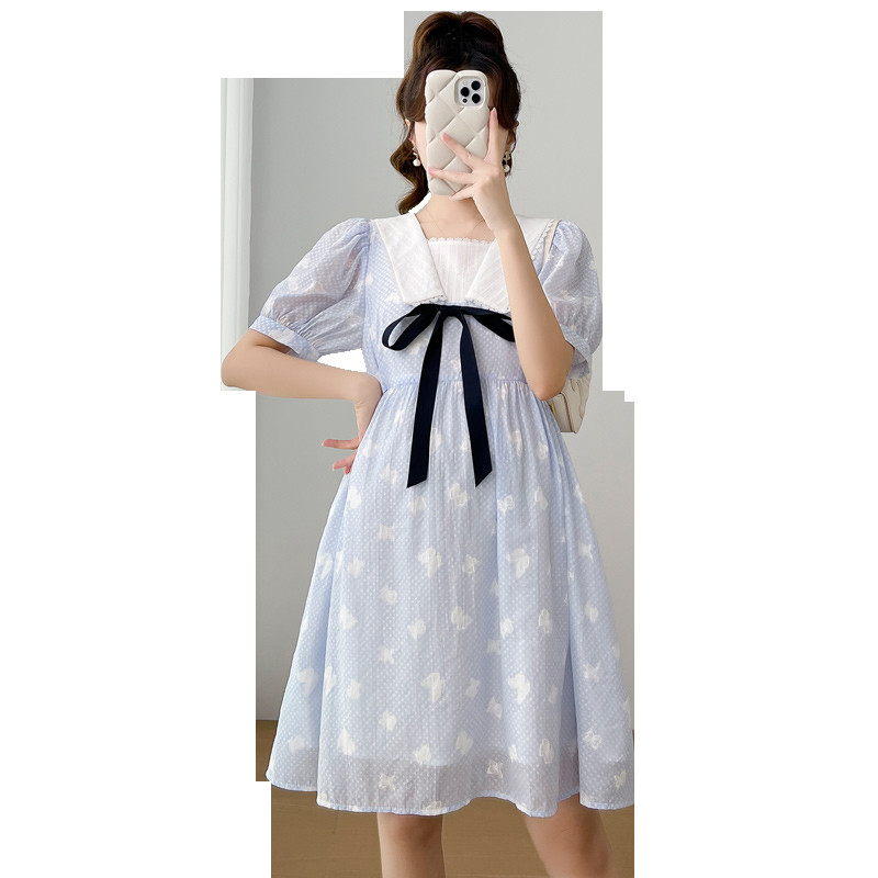 Liela izmēra pufīgas piedurknes kvadrātveida apkakles puķu kleita grūtniecēm ar augstu vidukli, salda grūtniece, šifona kleita vairumtirdzniecība