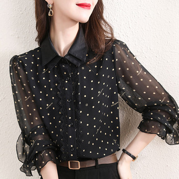 Есенна дамска яка за кукли за 2023 г. Пачуърк марлена дантелена риза с копчета с дълъг ръкав Свободна модна тънка блуза на точки