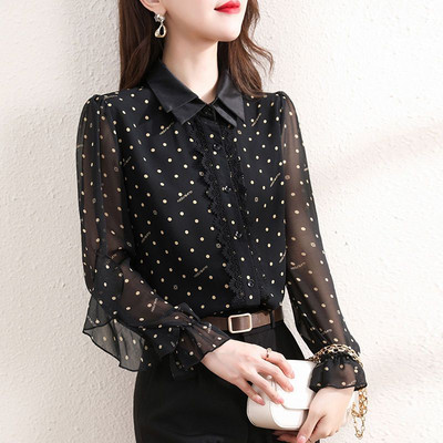 Jesen 2023. Ženska košulja dugih rukava s ovratnikom za lutke od gaze i čipkom na dugmad, široka, široka modna uska bluza na točkice