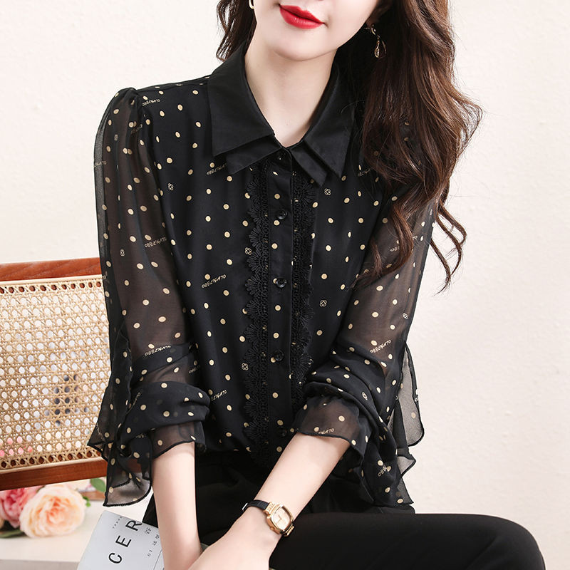 Jesen 2023. Ženska košulja dugih rukava s ovratnikom za lutke od gaze i čipkom na dugmad, široka, široka modna uska bluza na točkice