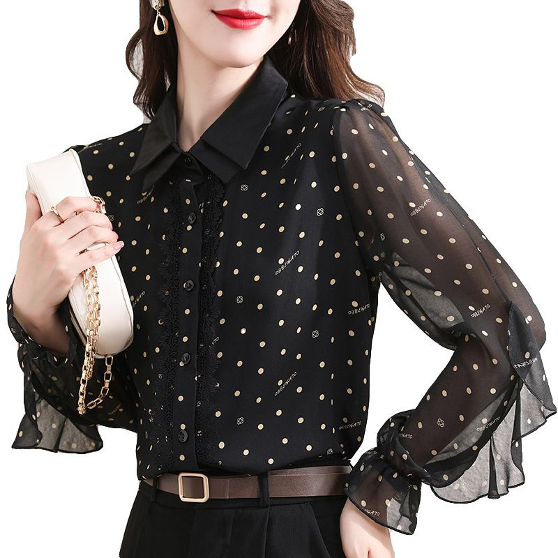 Jesen 2023. Ženska košulja dugih rukava s ovratnikom za lutke od gaze i čipkom na dugmad, široka, široka modna uska bluza na točkice