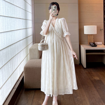 8251# Лятна корейска модна дълга макси рокля за бременни Модни широки прави дрехи с V-образно деколте за бременни жени Стилна бременна