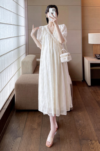 8251# Лятна корейска модна дълга макси рокля за бременни Модни широки прави дрехи с V-образно деколте за бременни жени Стилна бременна