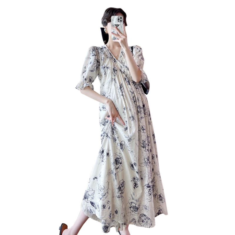 8251# Moda coreeană de vară rochie maxi lungă de maternitate, de modă, cu decolteu în V, haine largi drepte pentru femei însărcinate, elegantă, sarcină