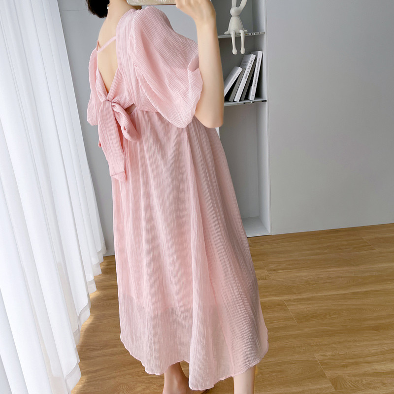 2024. gada vasara ar Habla burbuļa piedurknēm, aizmugure Bowknot Princeses kleita Salda grūtnieces kleita Grūtnieču kleita ar kroku un oderi. Jauka