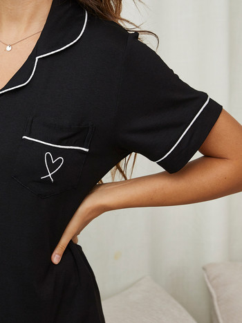 Μαύρα μασίφ γυναικεία σετ πιτζάμες με σορτς γυναικεία τσέπη μονό στήθος κορδόνι συρταριέρας για σπίτι Κοστούμι ύπνου με γυριστό γιακά