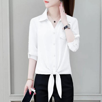 Дамска блуза с поло деколте 2023 Лято Нова основна едноредна едноредна едноцветна риза Модни дамски горнища с връзки с 3/4 ръкави