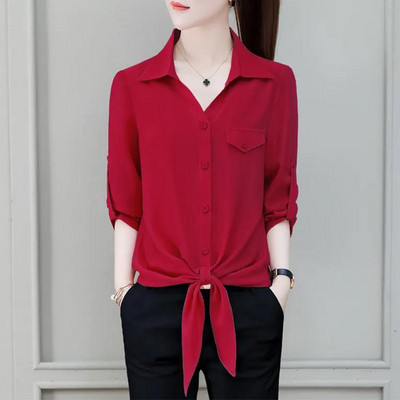 Naiste polo-kaelusega pluus, 2023. aasta suvi, uus põhiline üherealine üherealine ühevärviline särk, moodne naiste 3/4 varrukatega nööriga topid