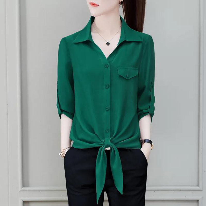 Naiste polo-kaelusega pluus, 2023. aasta suvi, uus põhiline üherealine üherealine ühevärviline särk, moodne naiste 3/4 varrukatega nööriga topid