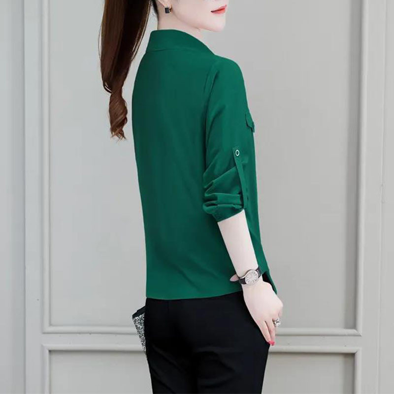 Naiste polo-kaelusega pluus, 2023. aasta suvi, uus põhiline üherealine üherealine ühevärviline särk, moodne naiste 3/4 varrukatega nööriga topid