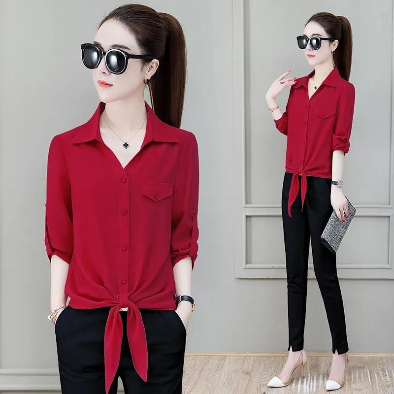 Naiste polo-kaelusega pluus, 2023. aasta suvi, uus põhiline üherealine üherealine ühevärviline särk, moodne naiste 3/4 varrukatega nööriga topid