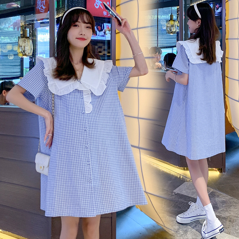 Plava ljetna trudnička odjeća za 2024. s naborima, velikim Peter Pan ovratnikom, kratkih rukava, haljina a-kroja za trudnice, karirana haljina za trudnice