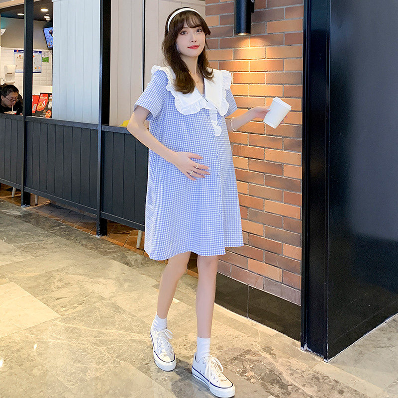 Plava ljetna trudnička odjeća za 2024. s naborima, velikim Peter Pan ovratnikom, kratkih rukava, haljina a-kroja za trudnice, karirana haljina za trudnice