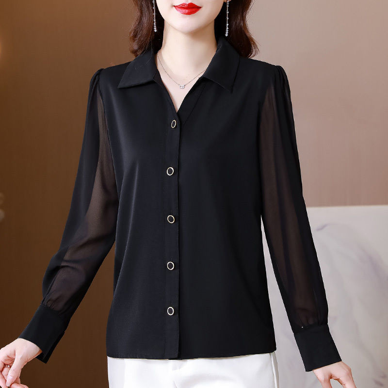 Sieviešu apģērbs, vienkrāsains krekls ar polo izgriezumu, stilīgs, vienrindas 2023. gada jauna pavasara rudens blūze ar garām piedurknēm