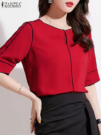ZANZEA Дамска елегантна винтидж червена блуза 2024 лятна пачуърк топ с половин ръкав Корейска женска офис риза Ретро парти Blusa туника