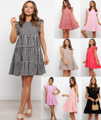Rochie de maternitate cu volane de vară, în carouri, haine pentru femei, cu gâtul în formă de rochii, lejere, cu mâneci fluture, rochie scurtă, haine de sarcină