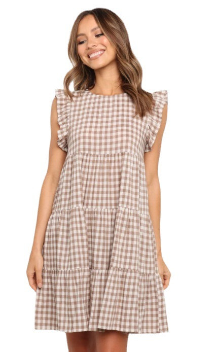 Rochie de maternitate cu volane de vară, în carouri, haine pentru femei, cu gâtul în formă de rochii, lejere, cu mâneci fluture, rochie scurtă, haine de sarcină