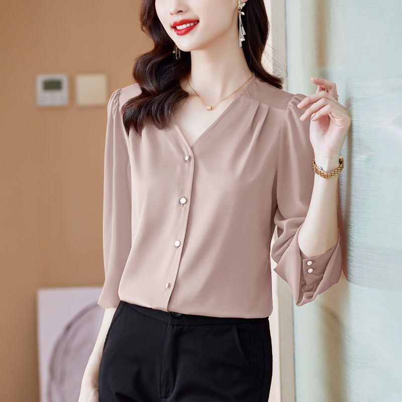 Pavasara un rudens sieviešu džemperis ar V veida kakla izgriezumu, šifona poga, cieši pieguļošs apakšklājs, gadījuma rakstura eleganti topi ar garām piedurknēm