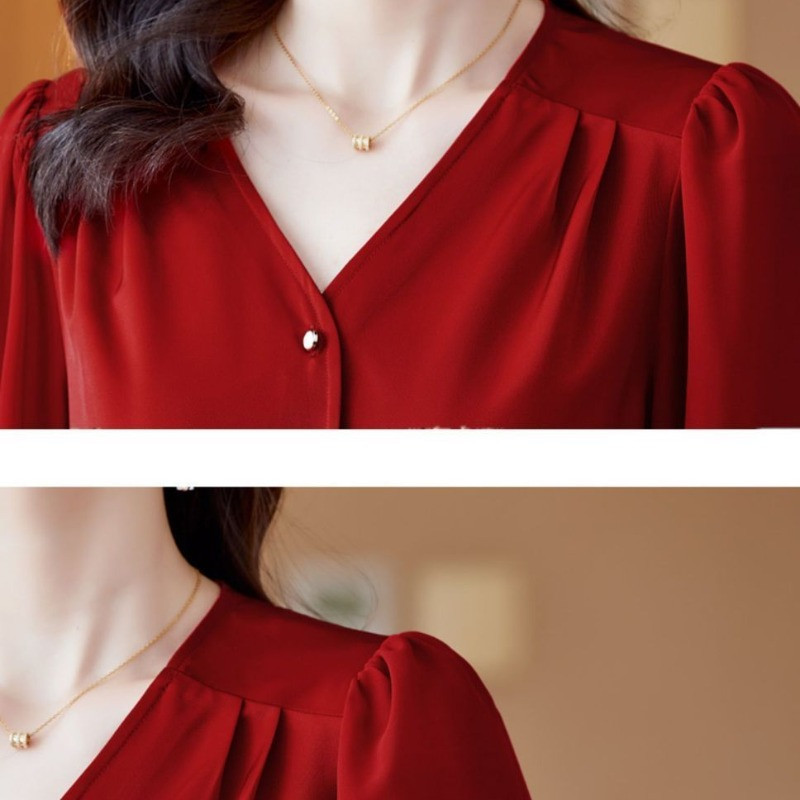 Pavasara un rudens sieviešu džemperis ar V veida kakla izgriezumu, šifona poga, cieši pieguļošs apakšklājs, gadījuma rakstura eleganti topi ar garām piedurknēm