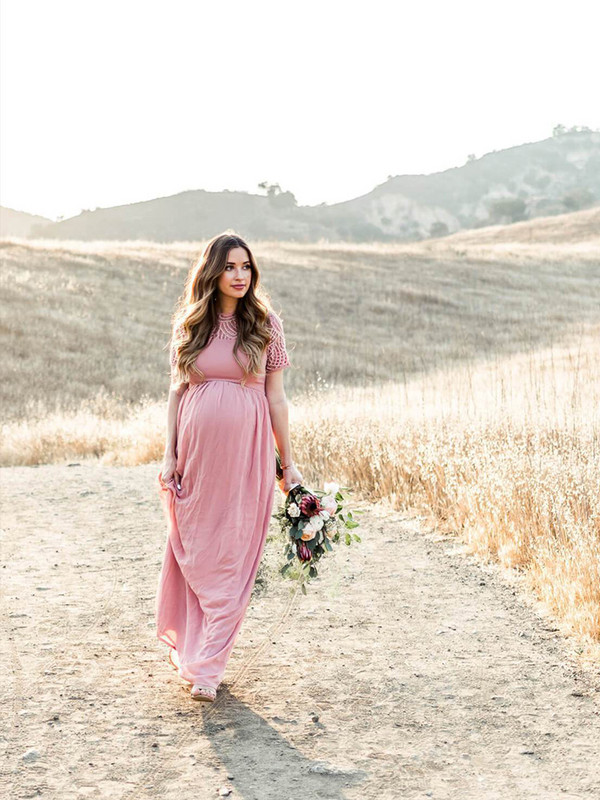 Raseduse kleit Raseduse fotograafia rekvisiidid Tolmune roosa pikk šifoon Elegantne rasedatele riided pitsid