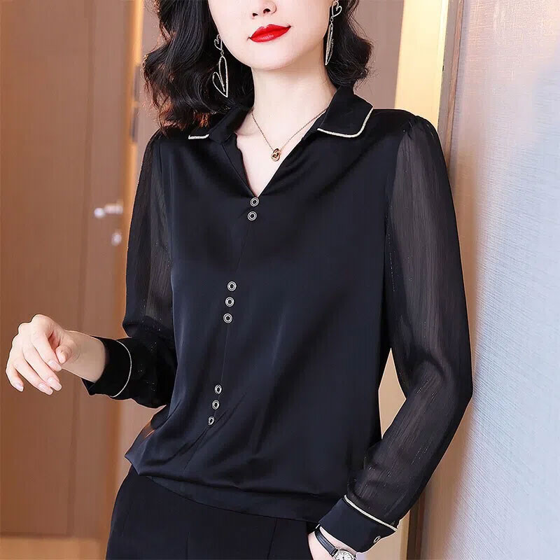 Biroja sieviešu blūze ar nolaižamu apkakli, 2022. gada pavasara rudens spilgti līniju rotājums, stilīgs pogas sieviešu vienkrāsains krekls