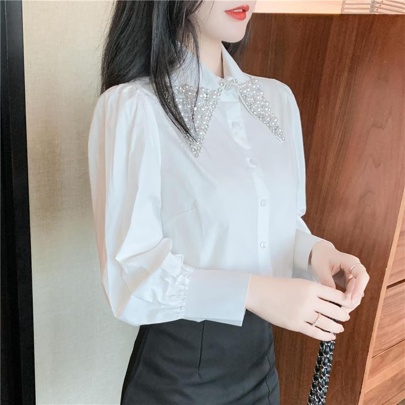 Stiilne Peter Paani krae, nööbiga liimitud pärlitega šifoonist särk Naiste riided 2022. aasta sügis, uued vabaaja topid lahtine magus pluus