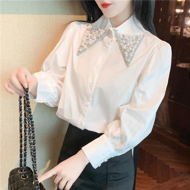 Stiilne Peter Paani krae, nööbiga liimitud pärlitega šifoonist särk Naiste riided 2022. aasta sügis, uued vabaaja topid lahtine magus pluus