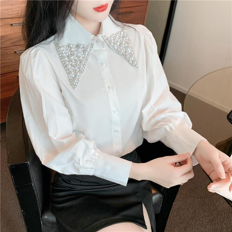 Stiilne Peter Paani krae, nööbiga liimitud pärlitega šifoonist särk Naiste riided 2022. aasta sügis, uued vabaaja topid lahtine magus pluus