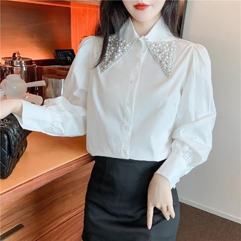 Stiilne Peter Paani krae, nööbiga liimitud pärlitega šifoonist särk Naiste riided 2022. aasta sügis, uued vabaaja topid lahtine magus pluus