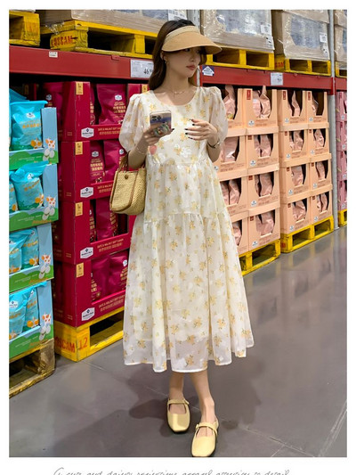 Ljetna modna Dobby haljina za trudnice, kratkih rukava, O-izreza, lagana cool haljina od šifona za trudnice, žuta cvjetna haljina