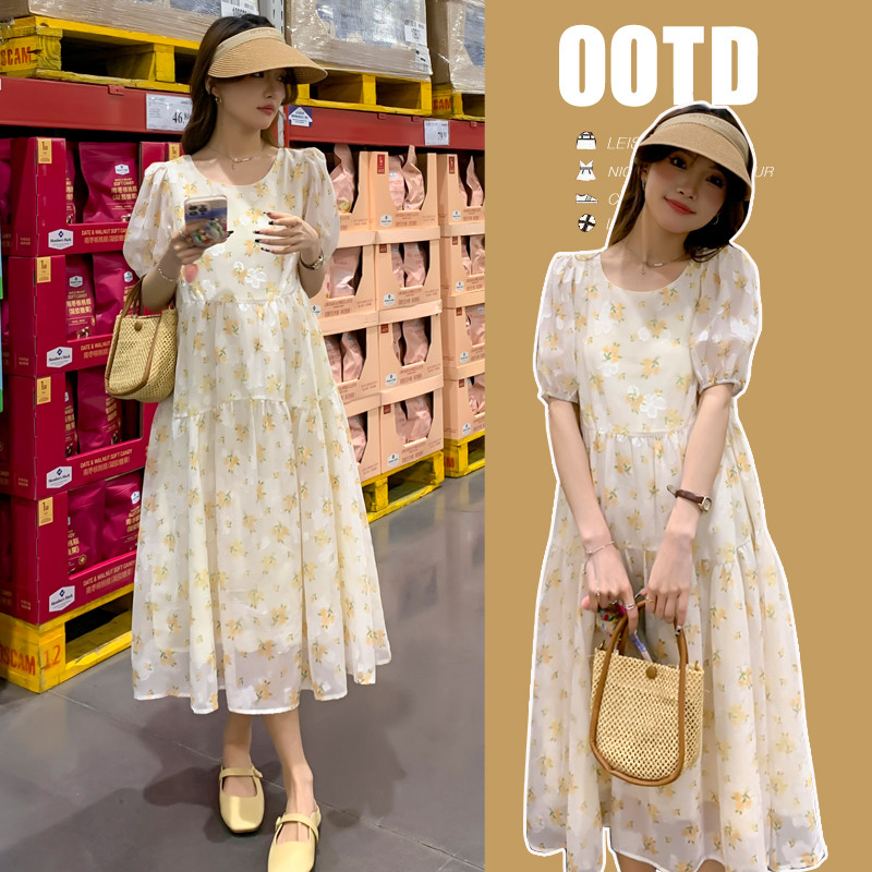 Ljetna modna Dobby haljina za trudnice, kratkih rukava, O-izreza, lagana cool haljina od šifona za trudnice, žuta cvjetna haljina