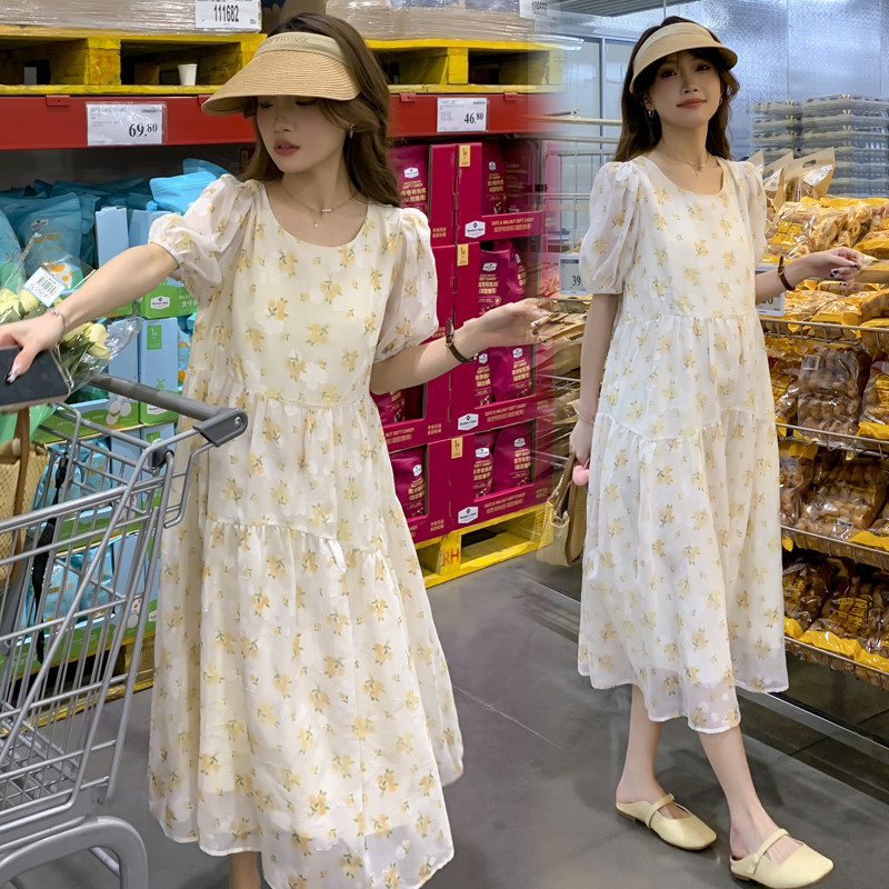 Ljetna modna Dobby haljina za trudnice, kratkih rukava, O-izreza, lagana cool haljina od šifona za trudnice, žuta cvjetna haljina