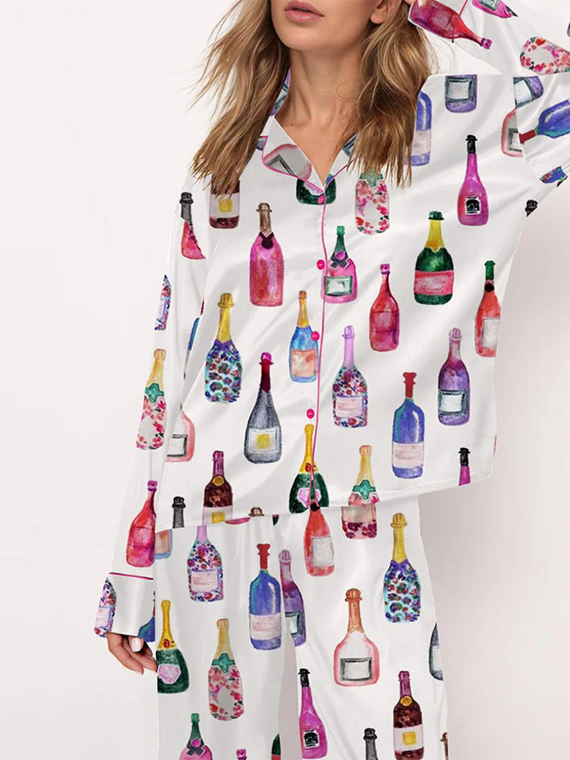 Ženska pidžama s bocom šampanjca, kratkih rukava, komplet kratkih hlača s kopčanjem, 2 komada, ležerna odjeća za spavanje od svilenog satena, salonke