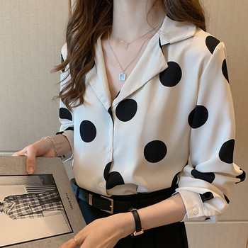 Дамска риза на точки, елегантна блуза с копчета и ревери, летни топове с дълъг ръкав, ретро ежедневни дамски дрехи DF4931