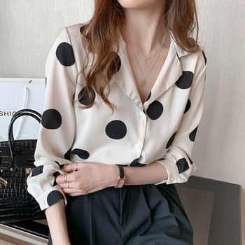 Дамска риза на точки, елегантна блуза с копчета и ревери, летни топове с дълъг ръкав, ретро ежедневни дамски дрехи DF4931