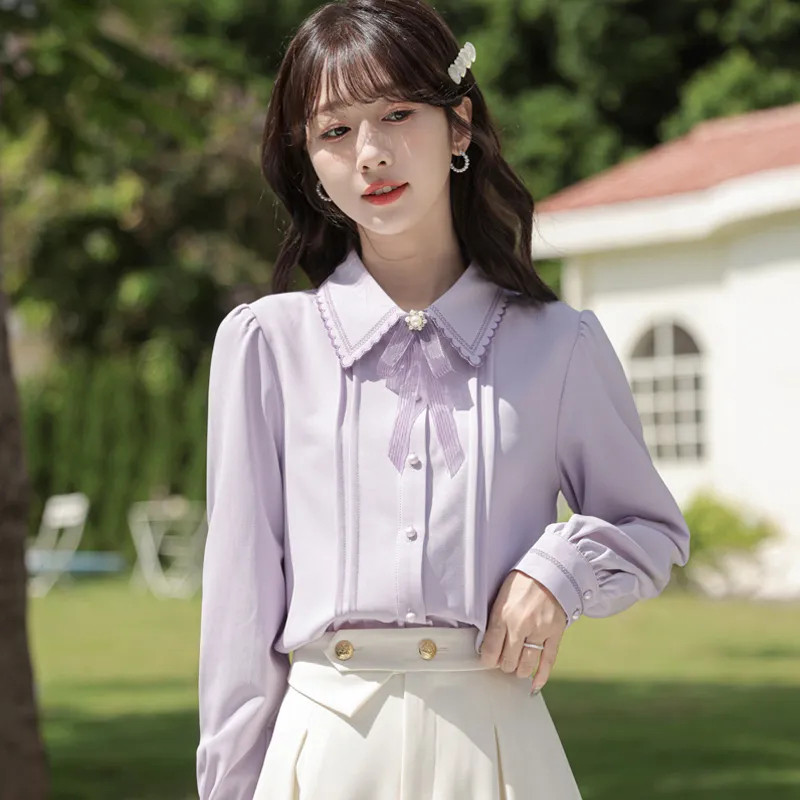 Naiste kevad-sügispluusid vibukaunistus Mori Girl Style Särgid Lady Fashion Täisvarrukatega Alla keeratav krae Blusas Topid G2868