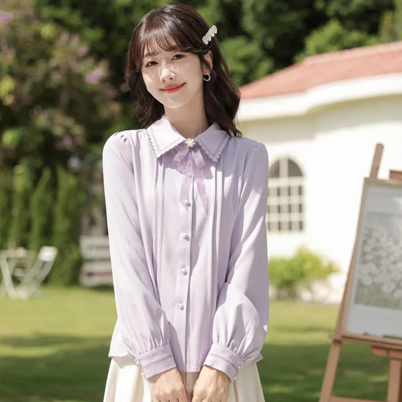 Naiste kevad-sügispluusid vibukaunistus Mori Girl Style Särgid Lady Fashion Täisvarrukatega Alla keeratav krae Blusas Topid G2868