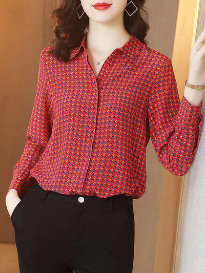 Bluze din șifon pentru femei, stil de primăvară toamnă, cămăși pentru damă, cu mânecă lungă, guler răsucit, bluse cu imprimeu în carouri, Topuri DF0010