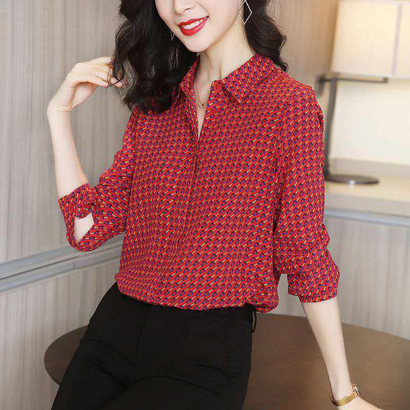 Bluze din șifon pentru femei, stil de primăvară toamnă, cămăși pentru damă, cu mânecă lungă, guler răsucit, bluse cu imprimeu în carouri, Topuri DF0010