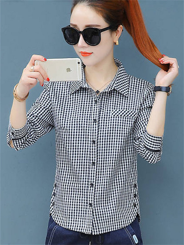 Jauns šiks agrā rudens dambrete krekls ar garām piedurknēm Sieviešu krekls apakšā Sieviešu krekls Augšējā blūze Biroja regulāra pilna poga rūta DF2257