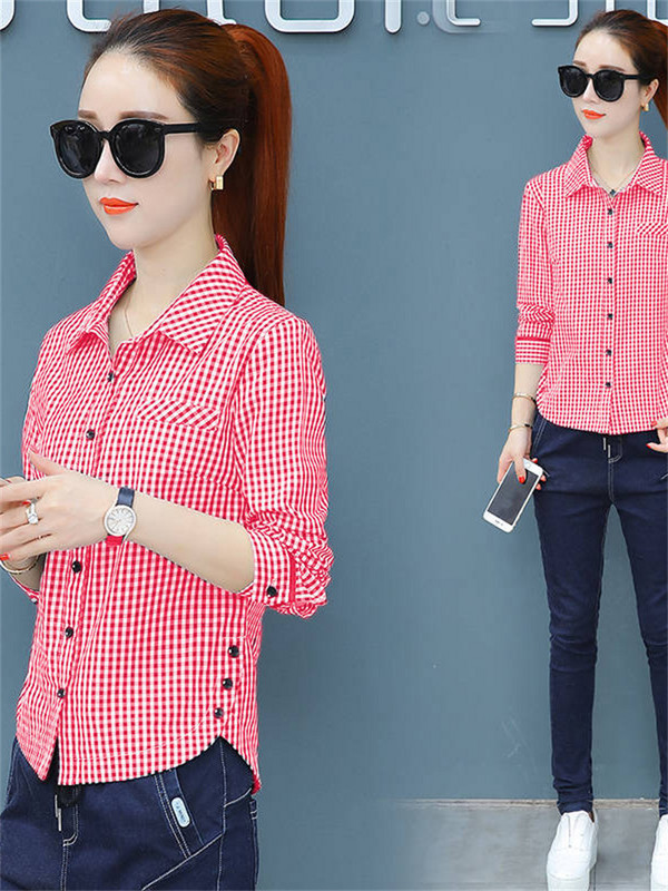 Jauns šiks agrā rudens dambrete krekls ar garām piedurknēm Sieviešu krekls apakšā Sieviešu krekls Augšējā blūze Biroja regulāra pilna poga rūta DF2257