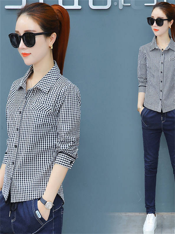 Jauns šiks agrā rudens dambrete krekls ar garām piedurknēm Sieviešu krekls apakšā Sieviešu krekls Augšējā blūze Biroja regulāra pilna poga rūta DF2257