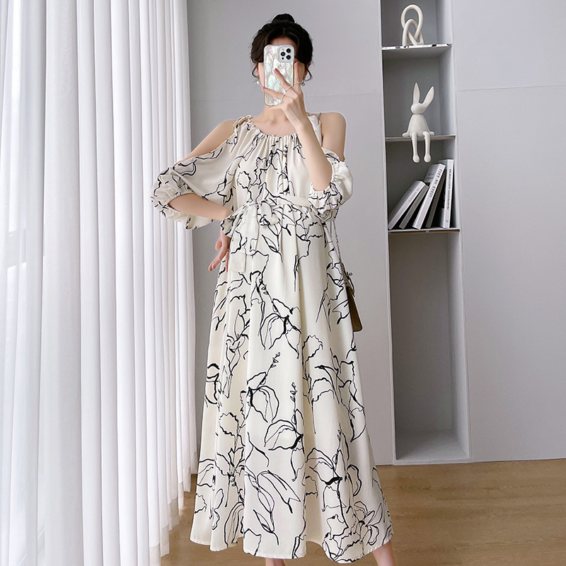 Suvine suures suuruses rasedate kleit õlgadeta rasedatele šifoonist kleit Moodsad prinditud pikad vabad fotograafia rannakleidid