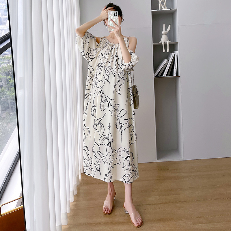 Suvine suures suuruses rasedate kleit õlgadeta rasedatele šifoonist kleit Moodsad prinditud pikad vabad fotograafia rannakleidid