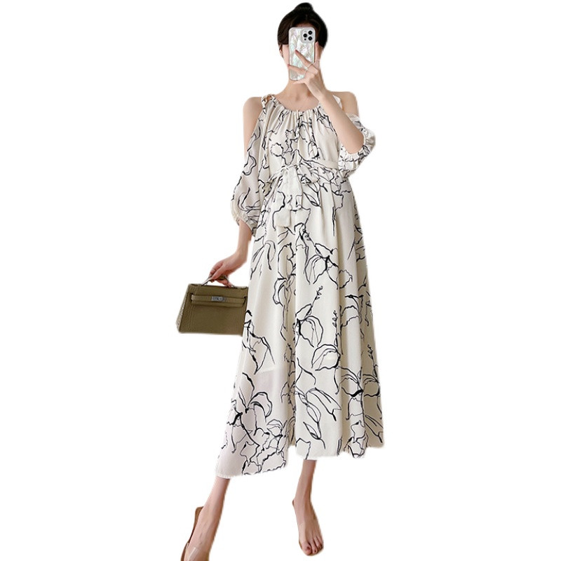 Suvine suures suuruses rasedate kleit õlgadeta rasedatele šifoonist kleit Moodsad prinditud pikad vabad fotograafia rannakleidid