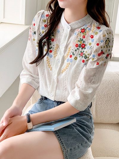 SMTHMA suvine uus vintage tikitud lilledega žakaarmadratsi särk naistele Romantiline õrna stiiliga mitmekülgne kaelusega särk