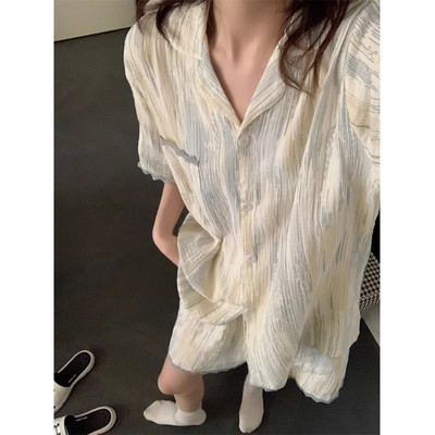 Naiste pidžaama uus suvine lühikeste varrukatega pehme magamisriiete komplekt Grid Cartoon trükitud pidžaama naiste kodune ööriiete komplekt kardigan